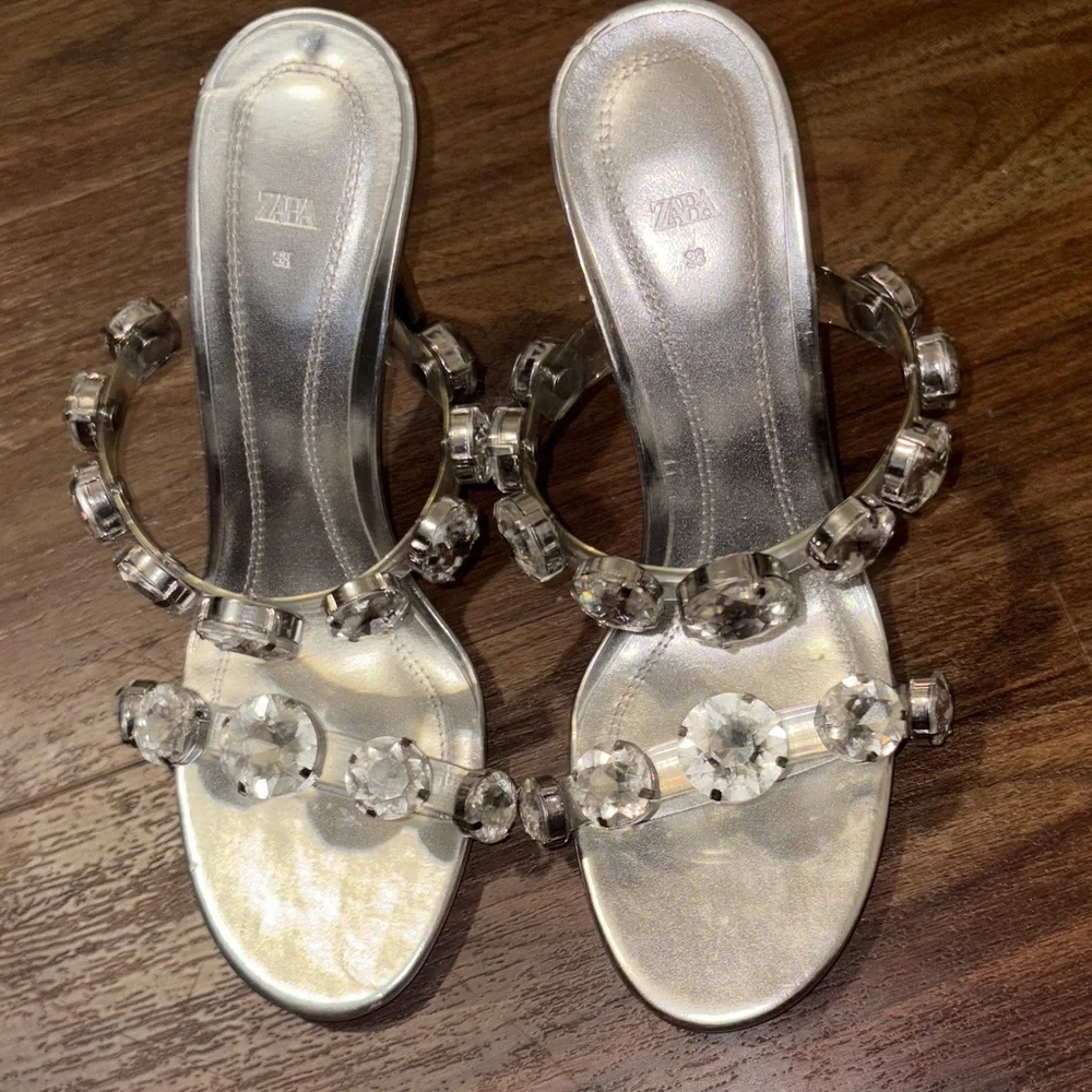ZARA NEW Crystal Embellished Silver Heels Size 38 Party Wedding Glam